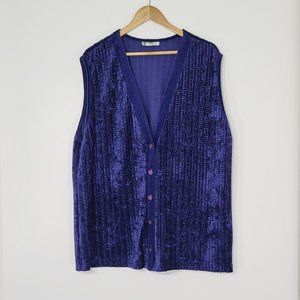 Lady Kates Velvet Vintage Knit Sweater Vest Button Front Royal Blue Textured 80s